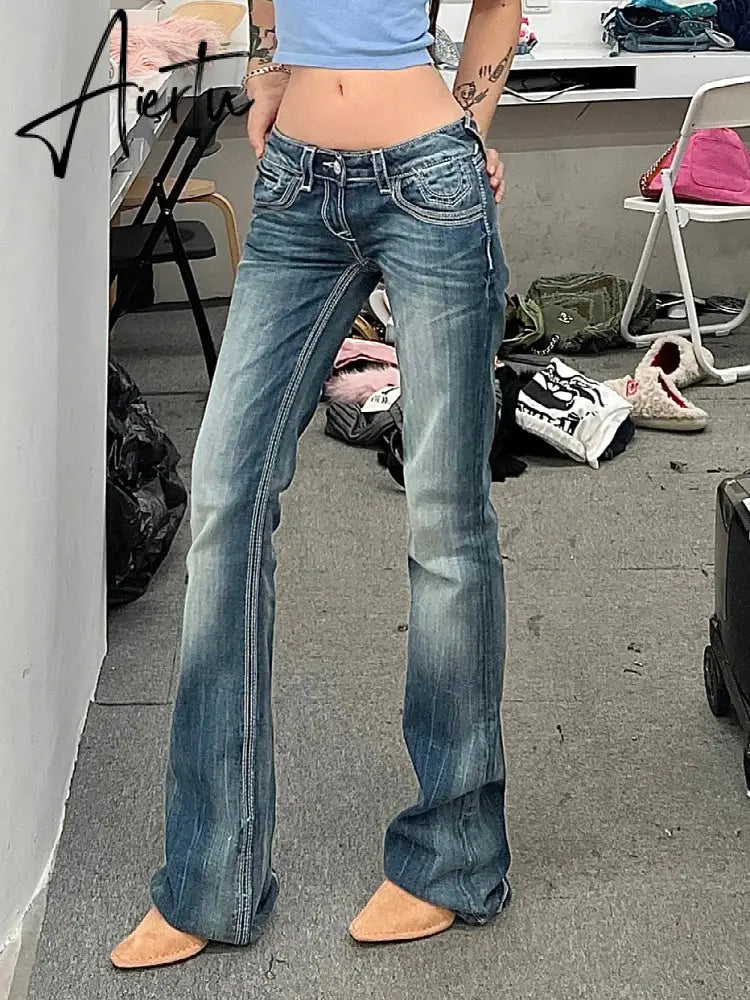 Aiertu Woman Korean Jeans Chic Denim Streetwear Pants All-match Hot Y2k Office Lady Ins Wash Tie-dyed Low Waist Tight Bodycon Casual Aiertu