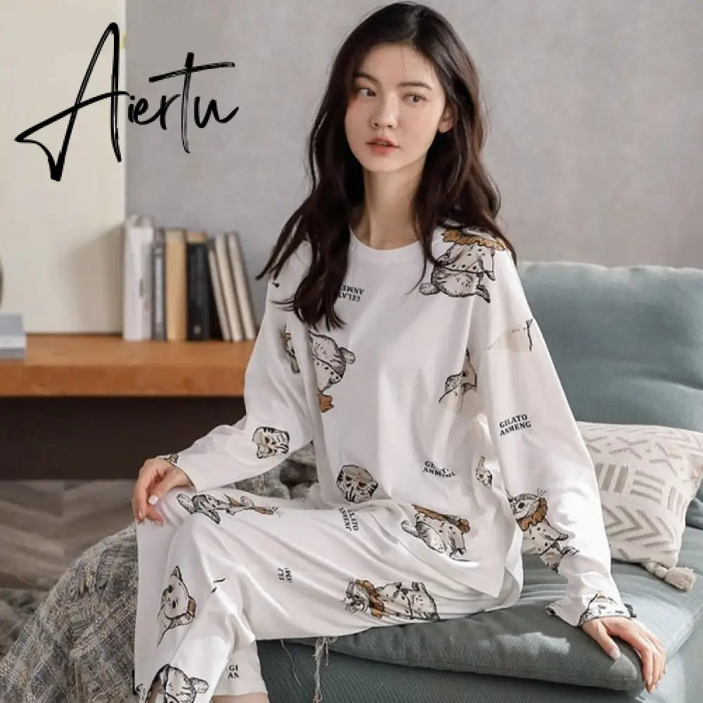 Aiertu Woman Pijama Set 100% Cotton Loose Style Pullover Leisure Homesuit Cotton Loungewear Oversized Sleepwear Avocado Printing Pajama Aiertu
