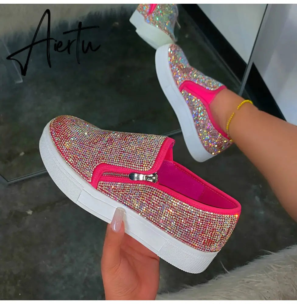 Aiertu Woman Sneakers Platform Vulcanized Women Bling Crystal Loafers Autumn Women's Casual Flats Female Zip Sport Shoes Women Aiertu