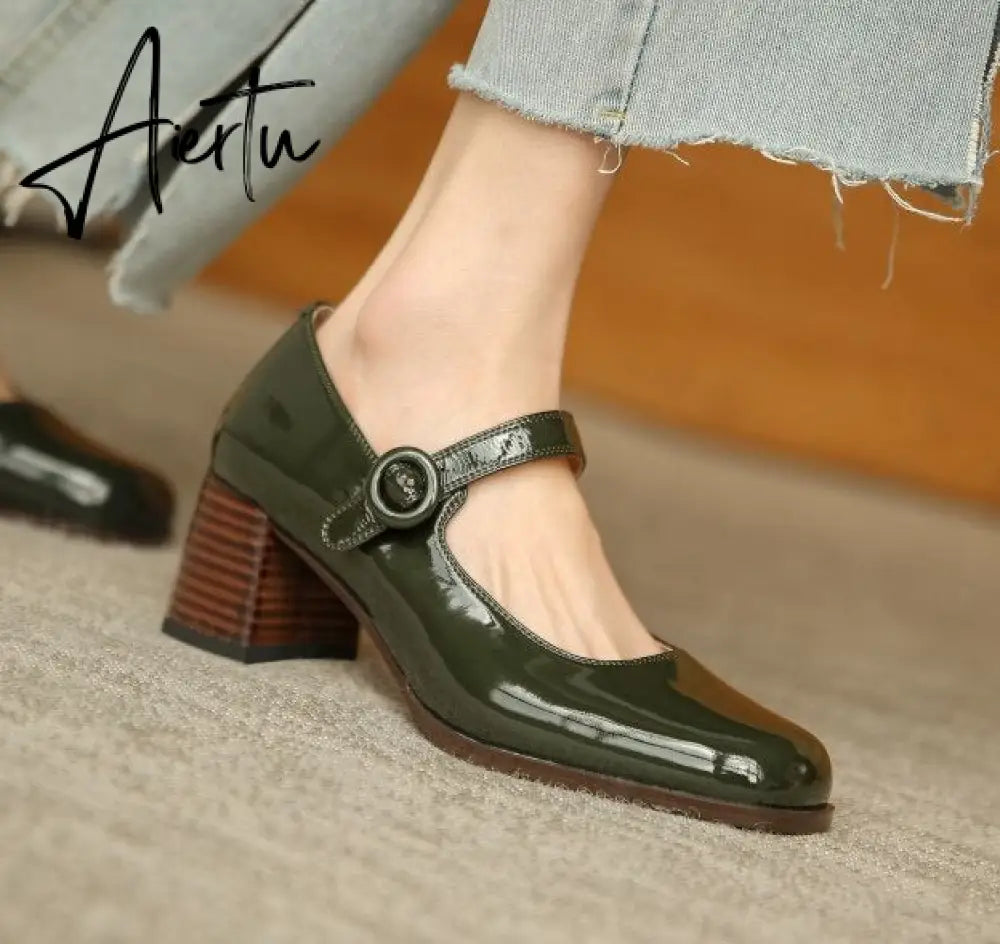 Aiertu Woman‘s New Mary Janes Shoes Genuine Leather Shallow Square heel Pumps Buckle Strap Round Toe Lady Footwear Aiertu