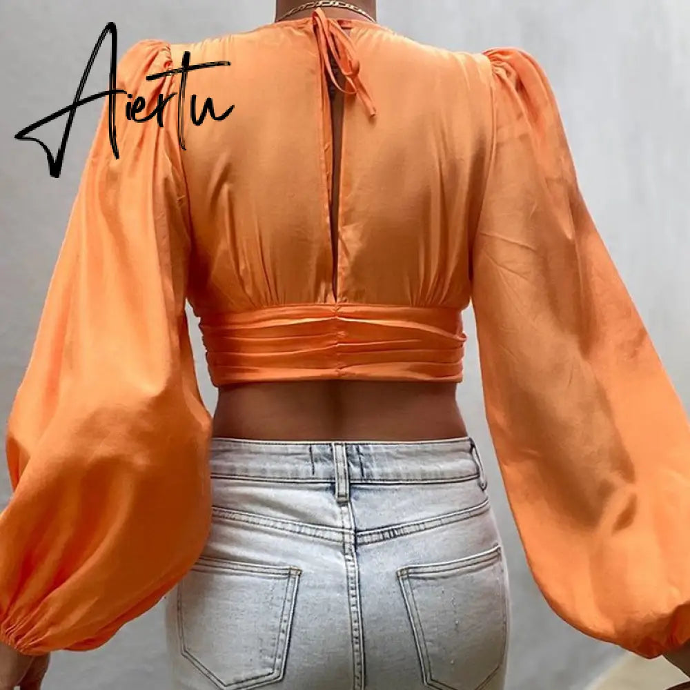 Aiertu Women Blouse Off Shoulder Tops Shirt Transparent Long Lantern Sleeve Sexy See Through Spring Summer New Fashion Lady Bluas Aiertu