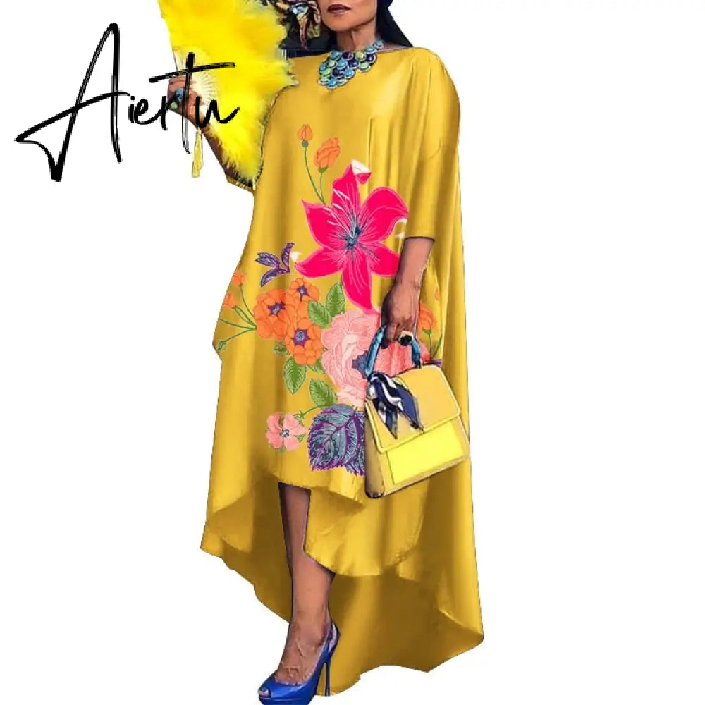 Aiertu   Women Casual 2/3 Sleeve Irregular Maxi Dress  Robe Spring O Neck Asymmetrical Pleated Vestidos Elegant Long Sundress Aiertu