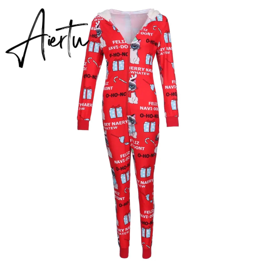 Aiertu  Women Christmas Long Sleeve Jumpsuit Cartoon Print V-neck Zipper Romper Pajamas Xmas Hooded Winter Home Sleep Wear Clothes Aiertu