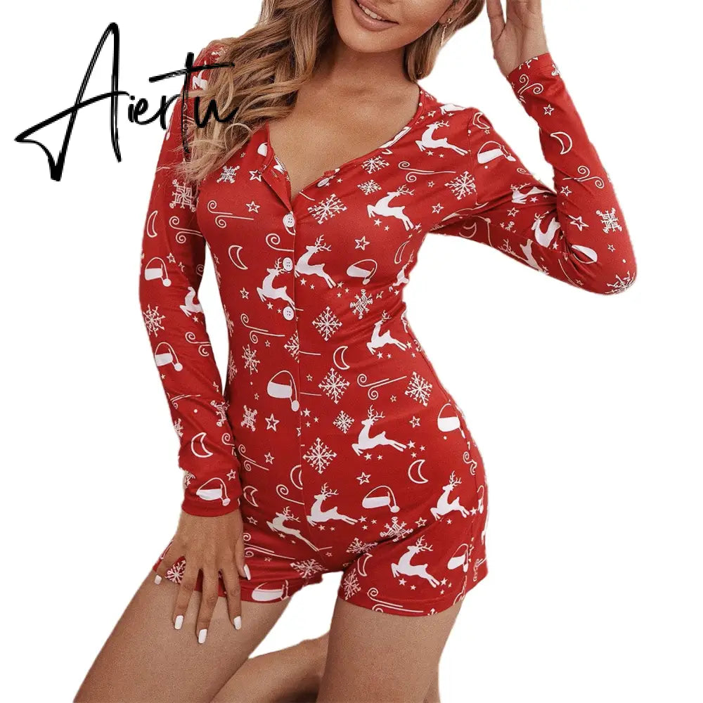 Aiertu  Women Christmas Printed Pattern Pajama Button V-neck Long Sleeve Bodycon Playsuit Casual Homewear Red/ Wine Red/ Navy/ Black Aiertu