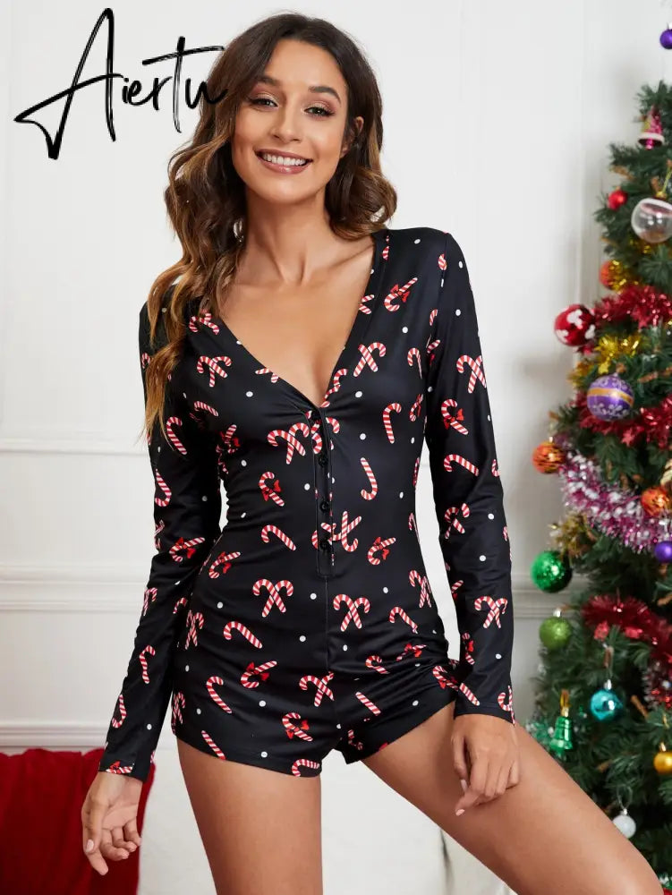 Aiertu  Women Christmas Printed Pattern Pajama Button V-neck Long Sleeve Bodycon Playsuit Casual Homewear Red/ Wine Red/ Navy/ Black Aiertu