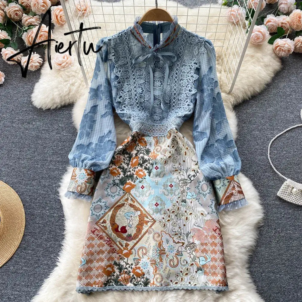 Aiertu   Women Embroidery French Style Dress Summer  Lace Splice Elegant Bow Neck Long Sleeves Ladies A Line Midi Dresses Aiertu