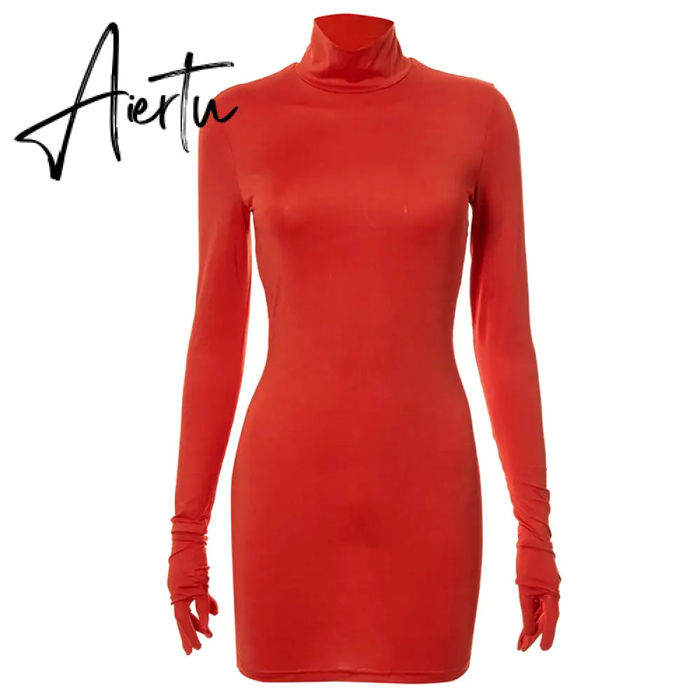 Aiertu Women Fall Fashion Bodycon Folds Pure Color Long Sleeves With Gloves Mini Dress Female Clothing Streetwear Y2K Aiertu