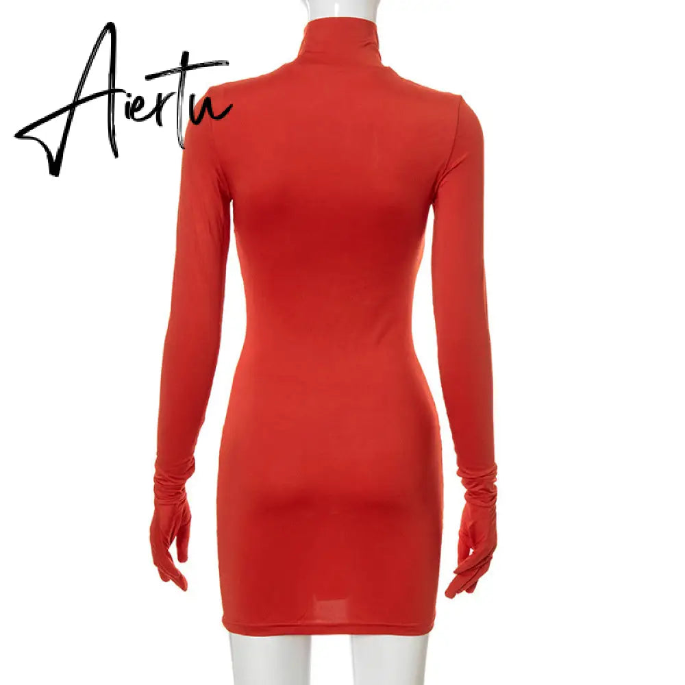 Aiertu Women Fall Fashion Bodycon Folds Pure Color Long Sleeves With Gloves Mini Dress Female Clothing Streetwear Y2K Aiertu