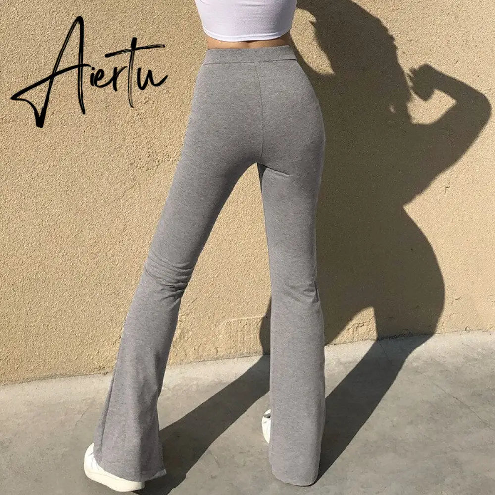 Aiertu Women Fashion Split Flare Pants Solid Color Slim Fit Legging Sweatpants Casual Elastic High Waist Bell-Bottoms Trousers Aiertu