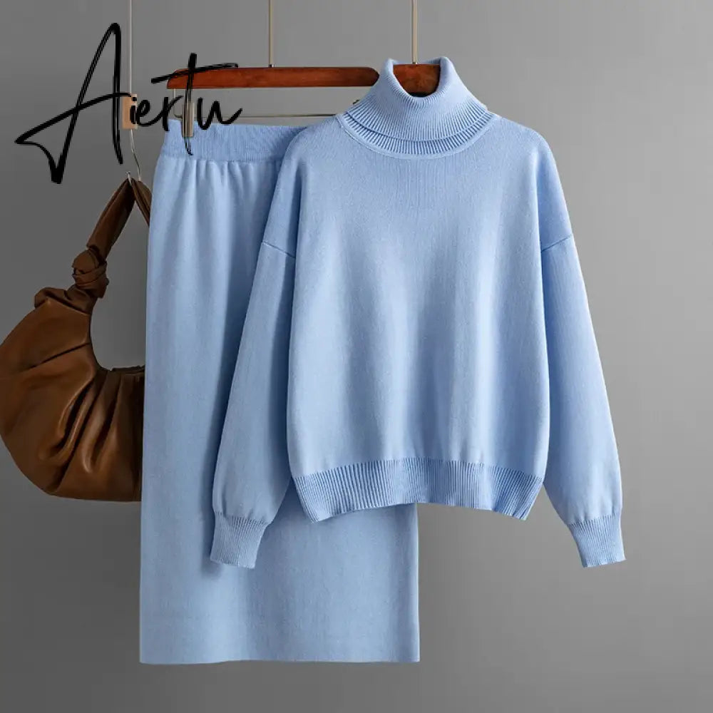 Aiertu  Women Gentle Knitted Suits Turtleneck Long Sleeve Loose Pullover+Elastic Waist Bodycon Skirt Winter Fashion Solid Sets Aiertu