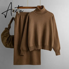 Aiertu  Women Gentle Knitted Suits Turtleneck Long Sleeve Loose Pullover+Elastic Waist Bodycon Skirt Winter Fashion Solid Sets Aiertu