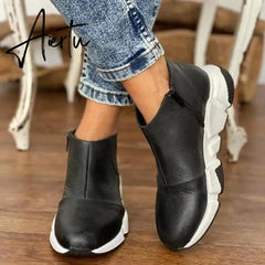 Aiertu Women Leather Boots Round Toe Side Zipper White Bottom Ladies Platform Shoes Solid Color Daily Walking Female Ankle booties Aiertu
