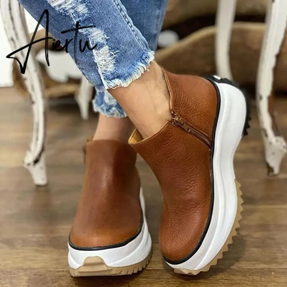 Aiertu Women Leather Boots Round Toe Side Zipper White Bottom Ladies Platform Shoes Solid Color Daily Walking Female Ankle booties Aiertu