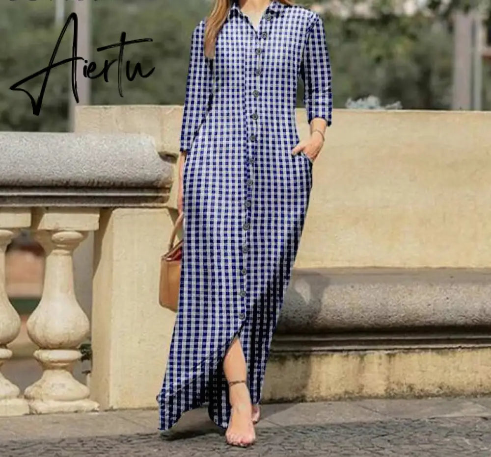 Aiertu  Women Long Sleeve Long Maxi Dress Summer Vintage Checked Plaid Turn Down Neck Shirt Dresses Button Up Party Vestidos Robe Aiertu
