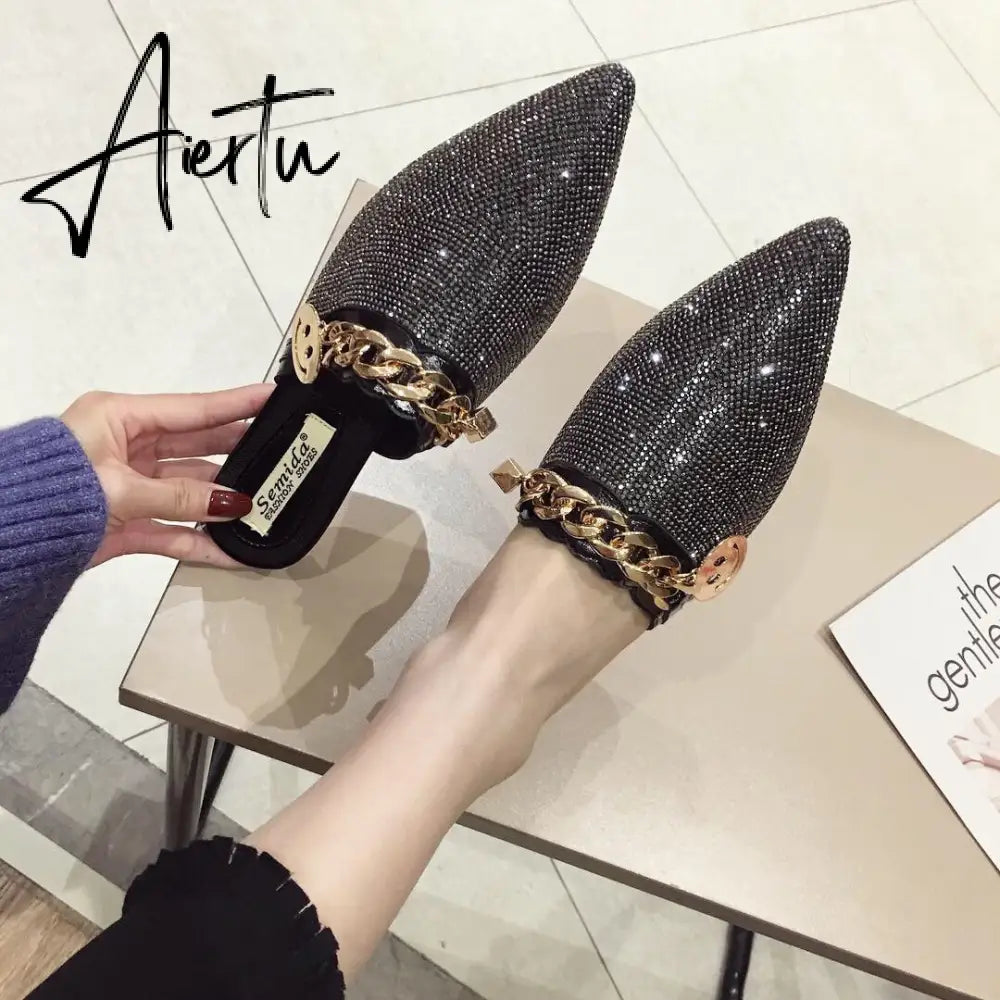 Aiertu Women Mules Luxury Flats Fashion Loafers Designer Shoes Summer Slippers Pointed Toe Slides Slip on Wedding Casual Ladies Sandals Aiertu