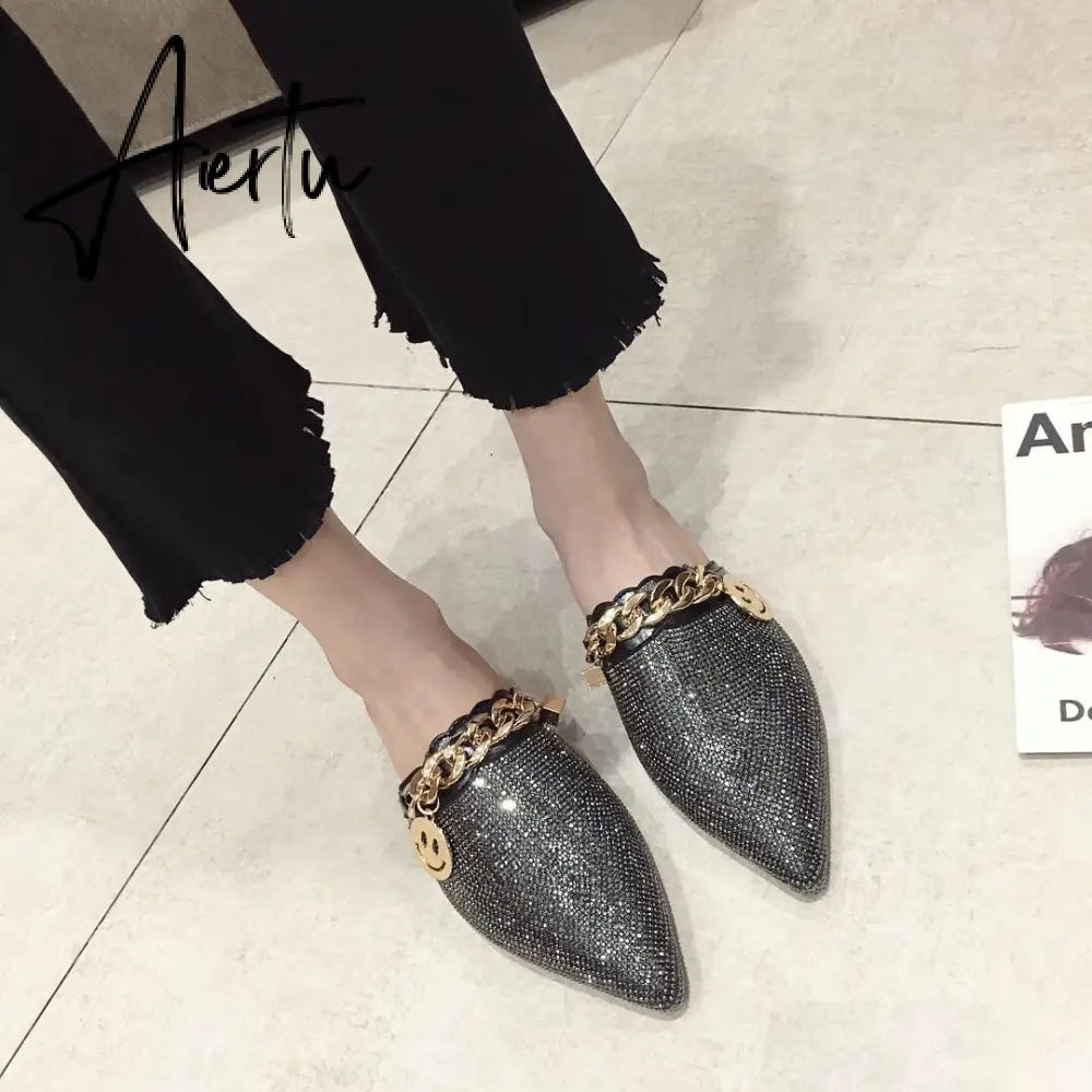 Aiertu Women Mules Luxury Flats Fashion Loafers Designer Shoes Summer Slippers Pointed Toe Slides Slip on Wedding Casual Ladies Sandals Aiertu