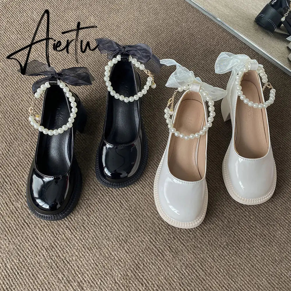Aiertu  Women Pumps New Mary Jane Shoes Beaded T-straps Square High Heel Platform Black Beige Retro Lolita Shoes Dress Party Shoes Aiertu