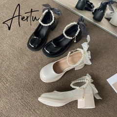 Aiertu  Women Pumps New Mary Jane Shoes Beaded T-straps Square High Heel Platform Black Beige Retro Lolita Shoes Dress Party Shoes Aiertu