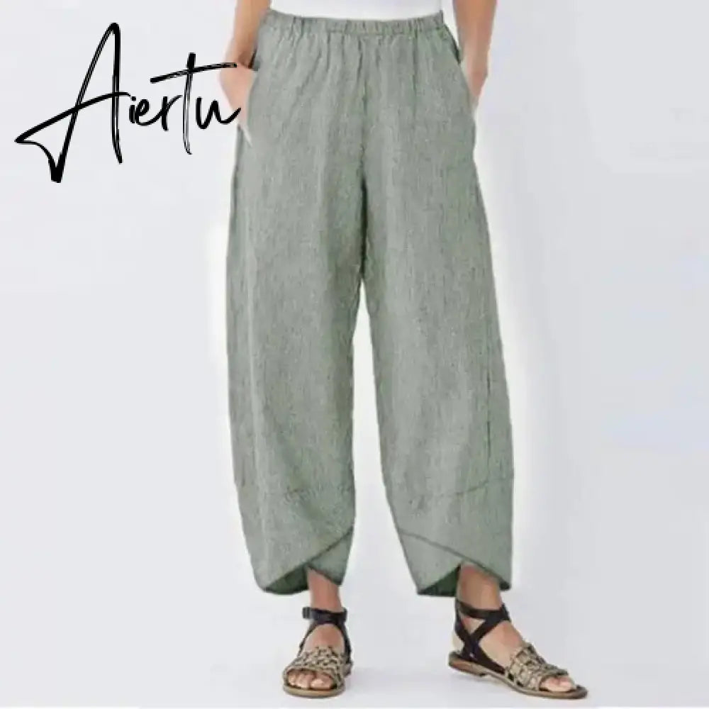 Aiertu Women's Vintage Harem Pants Casual Solid Color Elastic Waist Linen Wide Leg Trousers Summer Plus Size Loose Comfortable Pants Aiertu