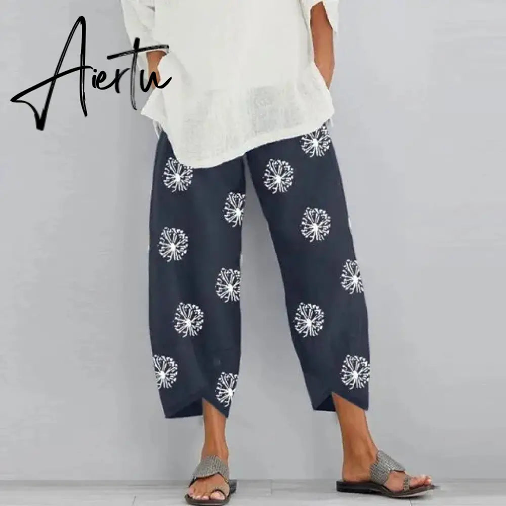 Aiertu Women's Vintage Harem Pants Casual Solid Color Elastic Waist Linen Wide Leg Trousers Summer Plus Size Loose Comfortable Pants Aiertu