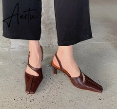 Aiertu Women Sandals Fashion Hollow Elegant High Heels Square Toe Mule Shoes Slip On Shallow Comfort Commute Casual Ladies Shoes  Pumps Aiertu