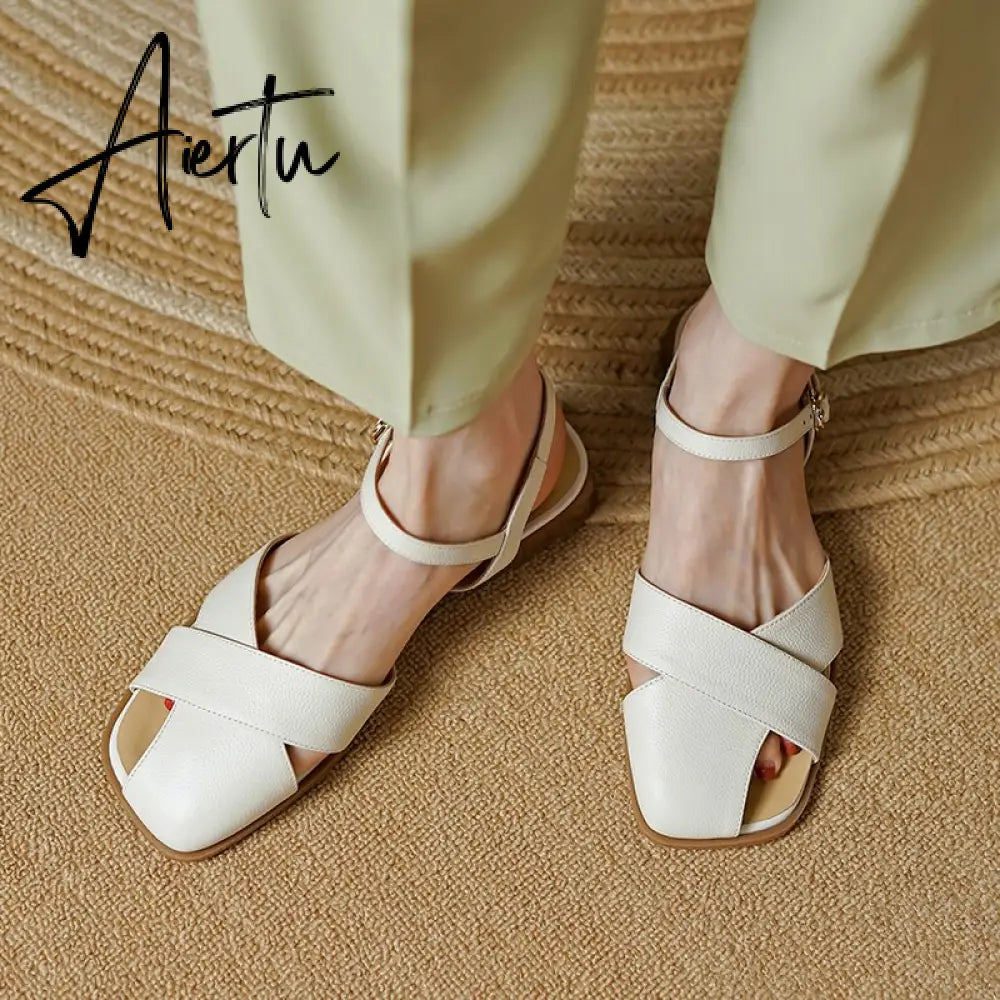 Aiertu  Women Sandals Office Ladies Casual Pumps Concise Fashion Genuine Leather Low Heels Basic Shoes Woman Summer  New Arrival Aiertu