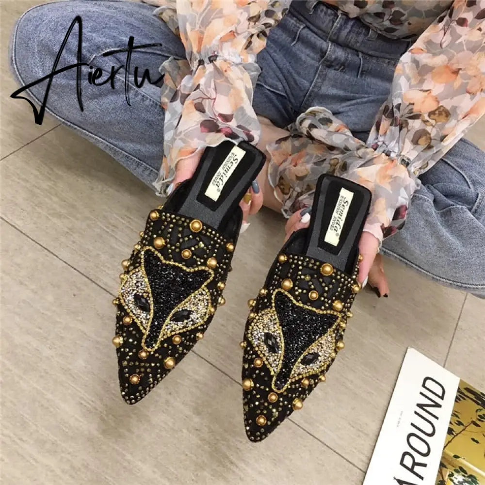 Aiertu Women Slippers Summer Mules Mesh Hollow Loafers Slip-on Designer Shoes Backless Flats Slide Low Heel Luxury Party Shoes Bling Aiertu