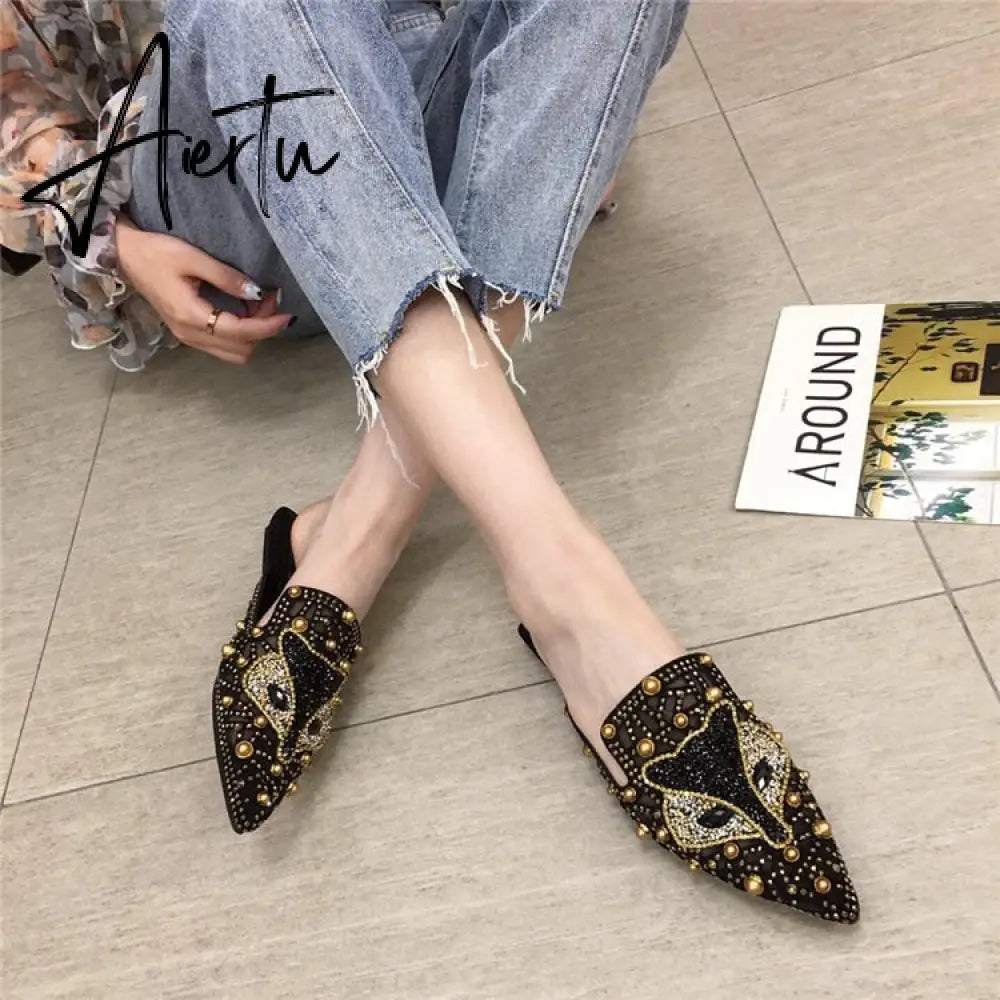 Aiertu Women Slippers Summer Mules Mesh Hollow Loafers Slip-on Designer Shoes Backless Flats Slide Low Heel Luxury Party Shoes Bling Aiertu