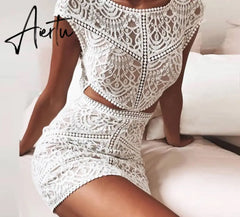 Aiertu  Women Solid Crochet Lace Mesh Mini Dress Elegant Fashion Chic Dress Bodycon Dress Aiertu