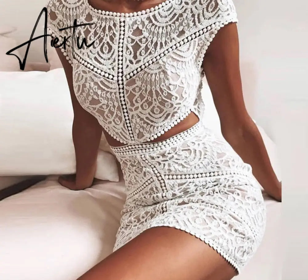 Aiertu  Women Solid Crochet Lace Mesh Mini Dress Elegant Fashion Chic Dress Bodycon Dress Aiertu