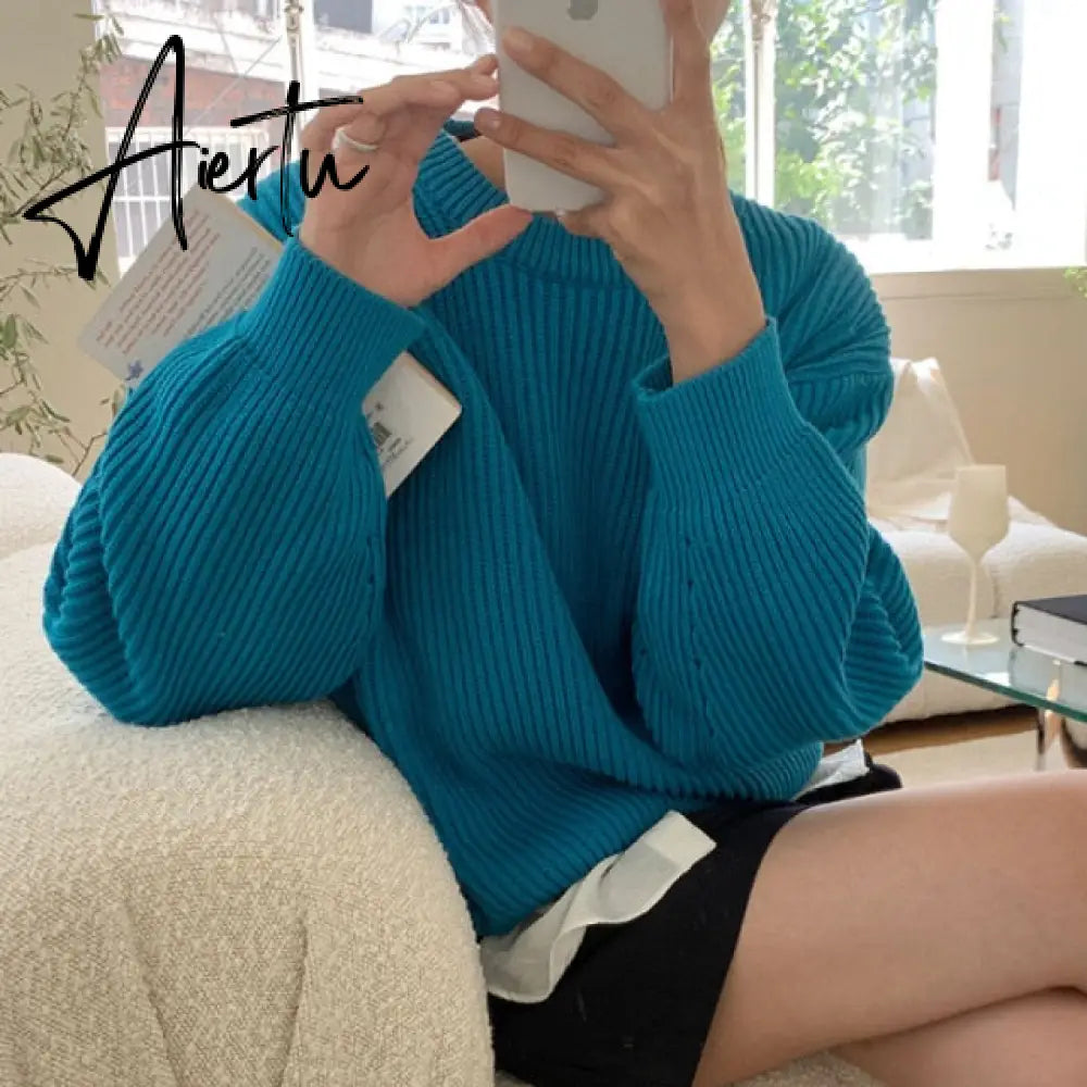 Aiertu Women Solid Knitted Thickening Oversized Sweater Female Round Neck Long Sleeve Casual Loose Pullovers Top Autumn Winter Aiertu