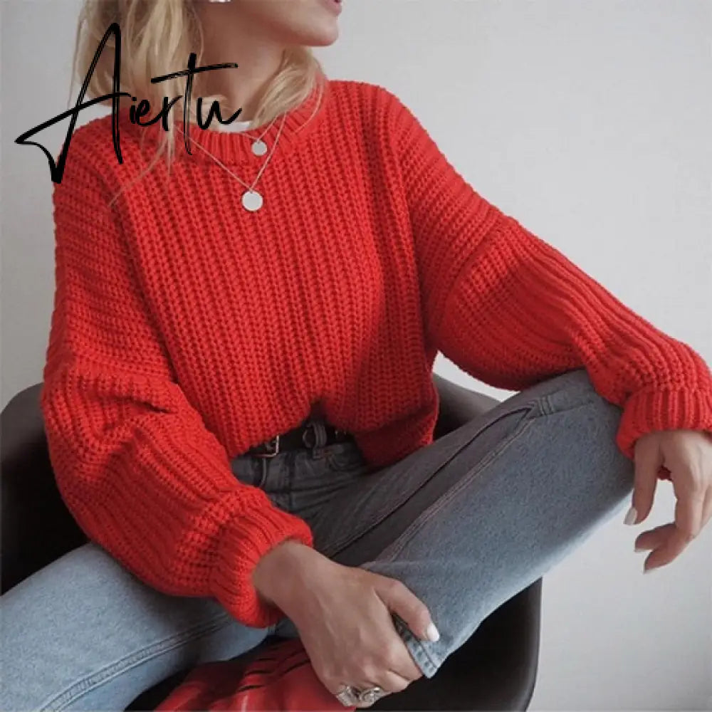 Aiertu Women Solid Knitted Thickening Oversized Sweater Female Round Neck Long Sleeve Casual Loose Pullovers Top Autumn Winter Aiertu