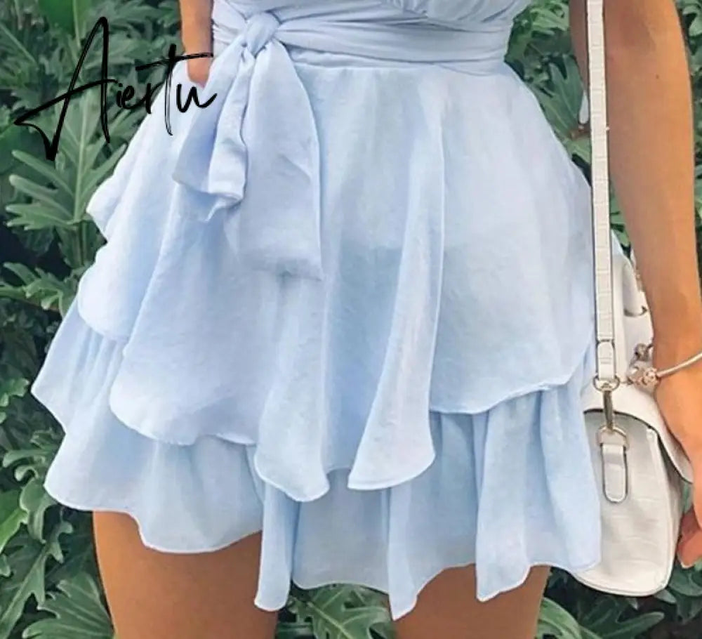 Aiertu Women Solid Ruffles Hem Strap Short Sleeve Cold Shoulder Mini Dress Summer Mini Dress Aiertu