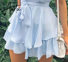 Aiertu Women Solid Ruffles Hem Strap Short Sleeve Cold Shoulder Mini Dress Summer Mini Dress Aiertu