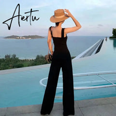Aiertu Women Spaghetti Jumpsuits Long Summer Beach Backless Slim Wedding Rompers Black Office Lady Sexy Elegant Overalls Designer New Aiertu