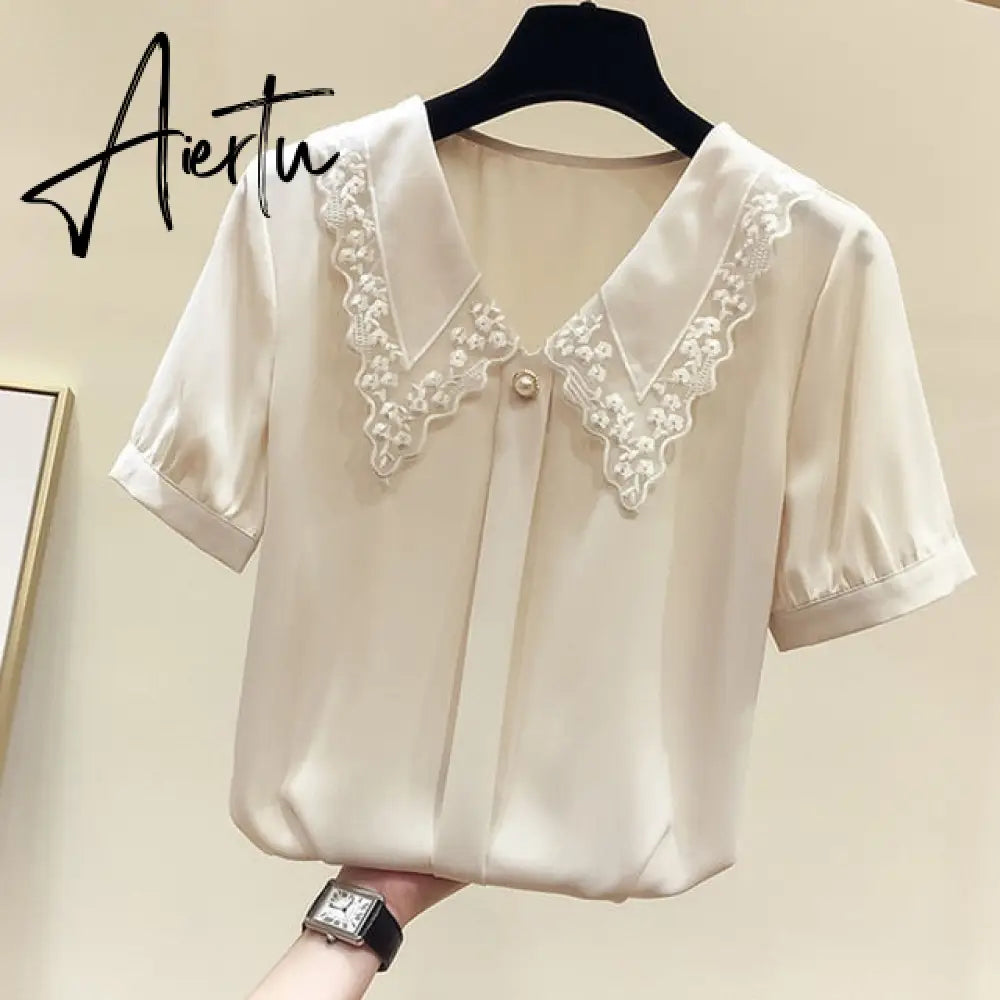 Aiertu Women Spring Summer Style Chiffon Blouses Shirts Lady Casual Short Sleeve Peter Pan Collar Chiffon Blusas Tops Aiertu