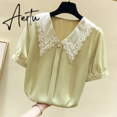 Aiertu Women Spring Summer Style Chiffon Blouses Shirts Lady Casual Short Sleeve Peter Pan Collar Chiffon Blusas Tops Aiertu