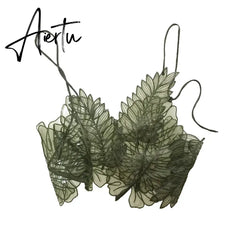 Aiertu Women Tank Top Green Transparent Outfit Camisole  Sexy Embroidered Tanks Organza Leaves Sexy Camis Crop Top Aiertu