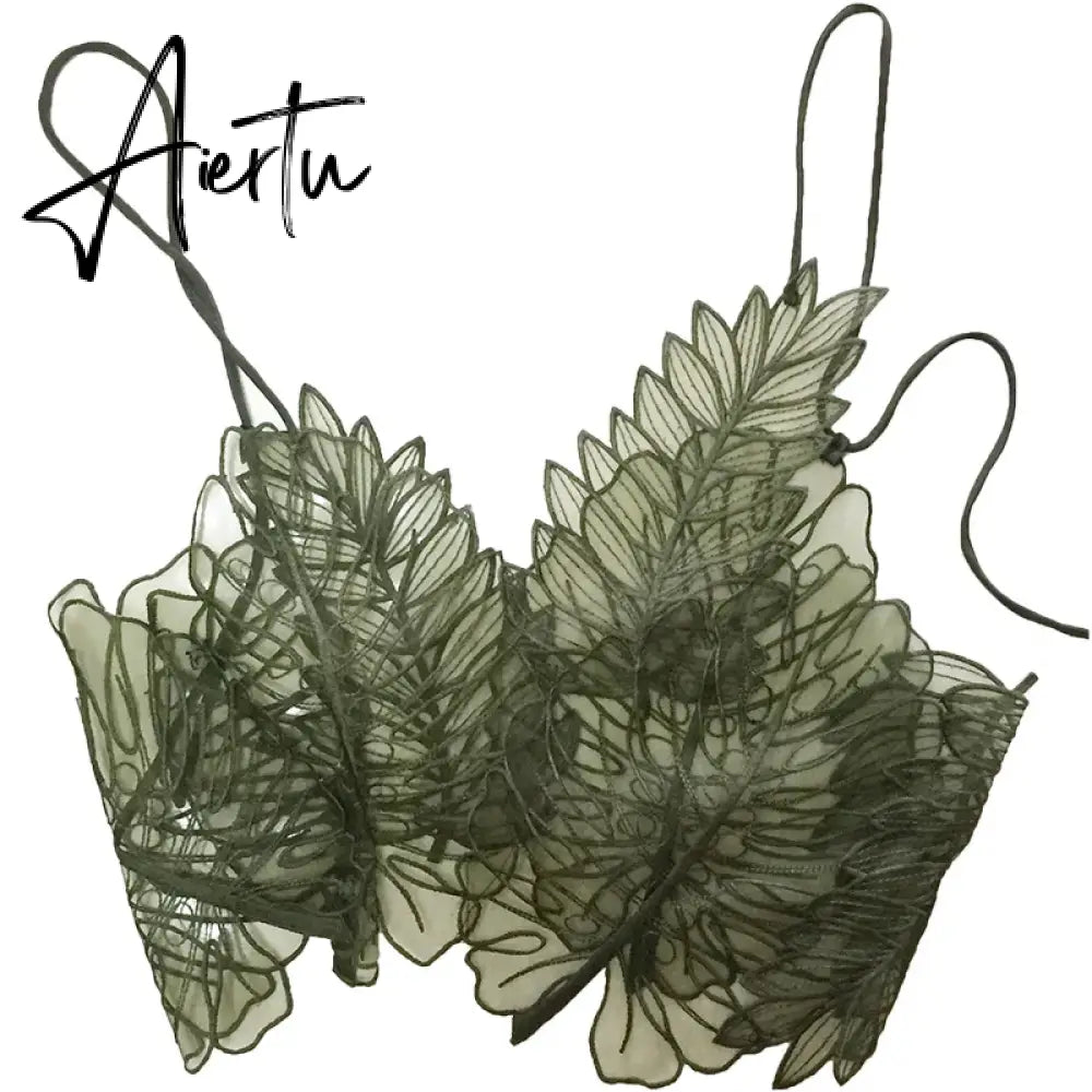 Aiertu Women Tank Top Green Transparent Outfit Camisole  Sexy Embroidered Tanks Organza Leaves Sexy Camis Crop Top Aiertu