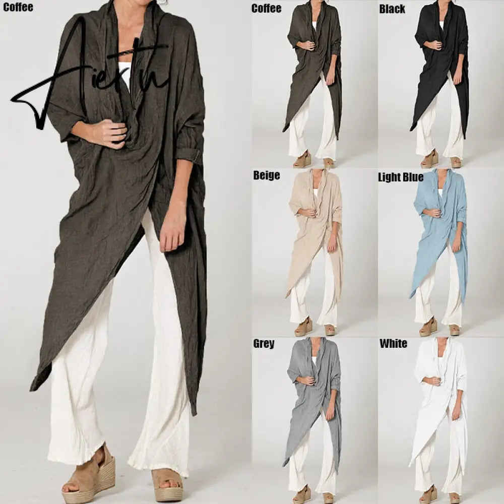 Aiertu  Women Tops Vintage Solid Blouses Summer Fashion Long Shirts Casual Cowl Neck Long Sleeve Asymmetrical Party Blusas Aiertu