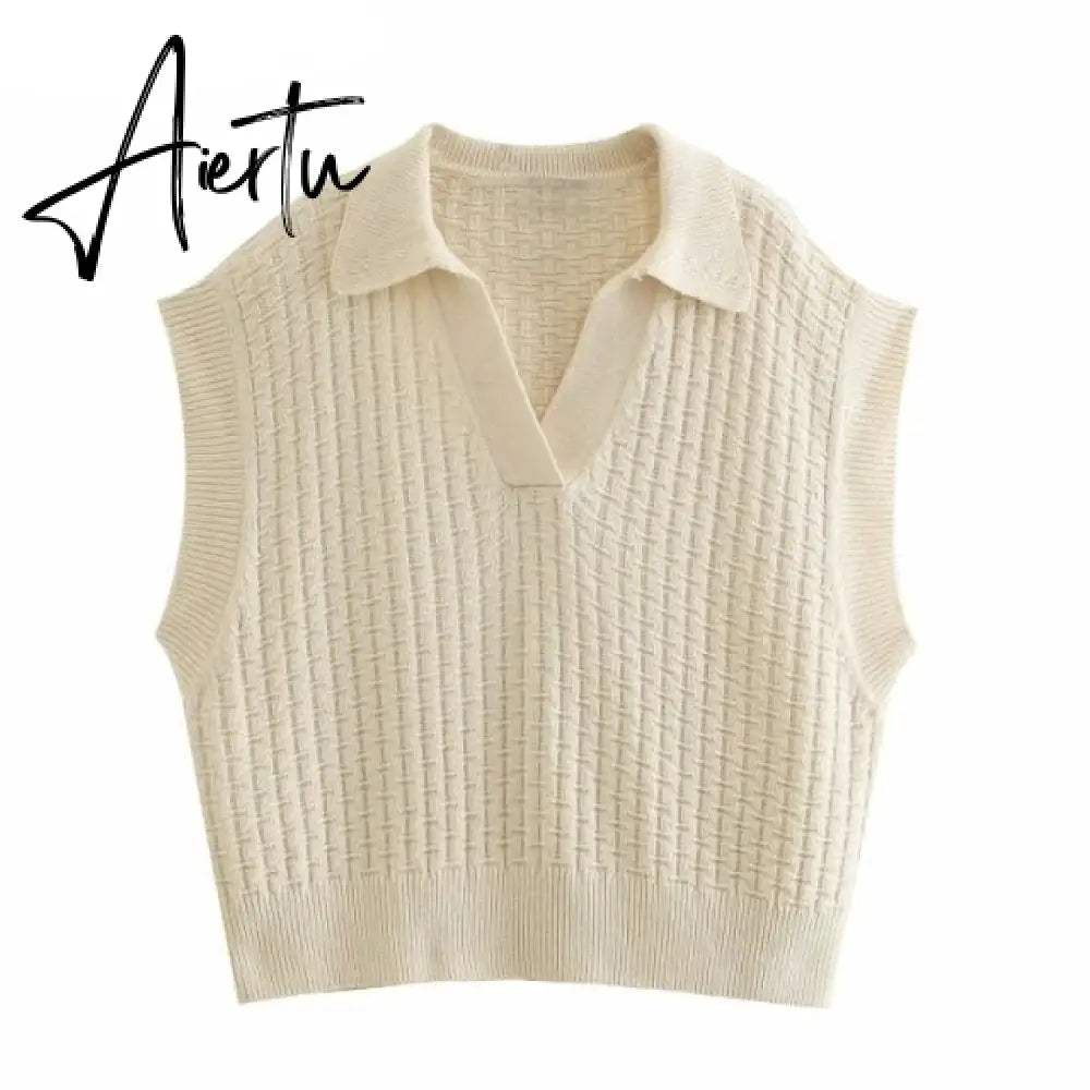 Aiertu Women Vintage Turn Down Collar Check Plaid Solid Knitting Sweater Female Casual Loose Vest Chic Pullovers Tops SW694 Aiertu