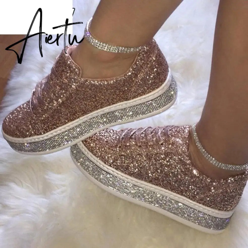 Aiertu Women Vulcanize Shoes Sneakers Sliver Bling Shoes Girl Flat Glitter Sneakers Casual Female Breathable Lace Up Shoes Aiertu