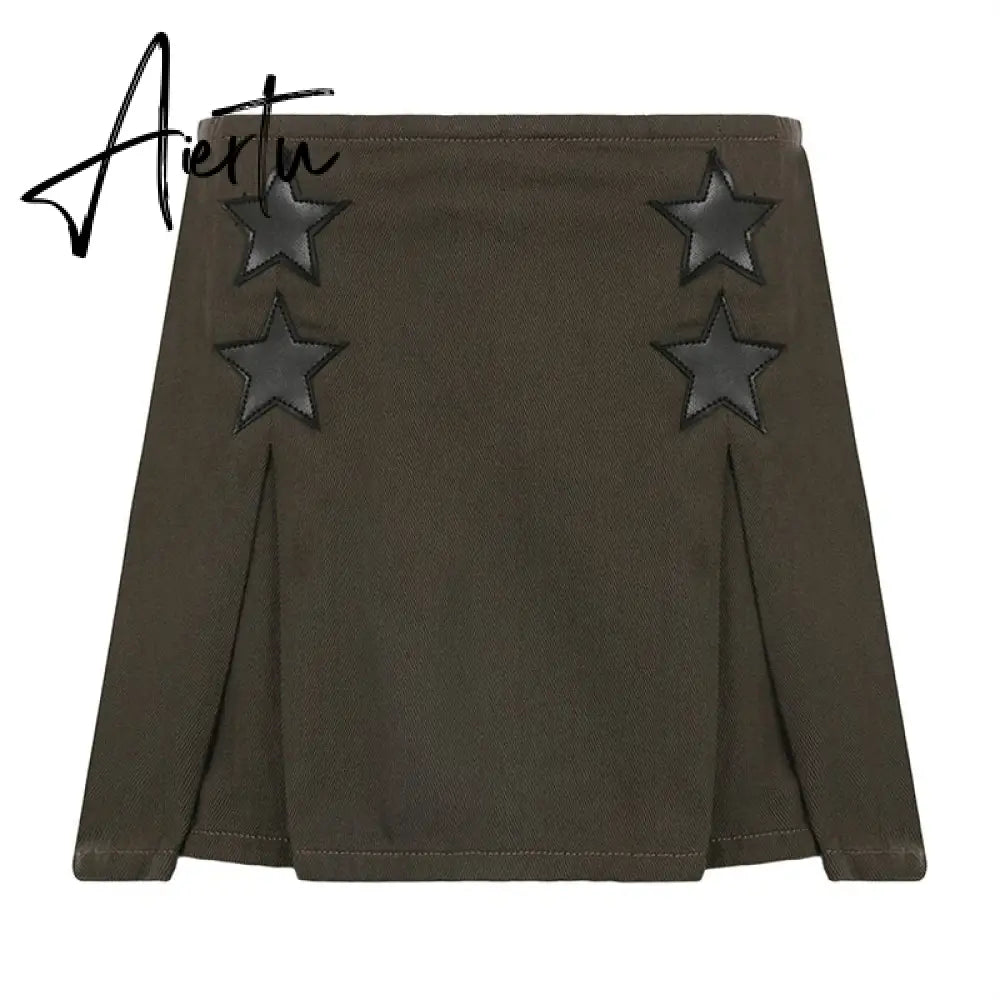 Aiertu Women Y2K Grunge Denim Skirt with Star Pattern Patchwork Summer Zipper High Waist Pleated A-line Mini Skirts Fashion Clothes Aiertu