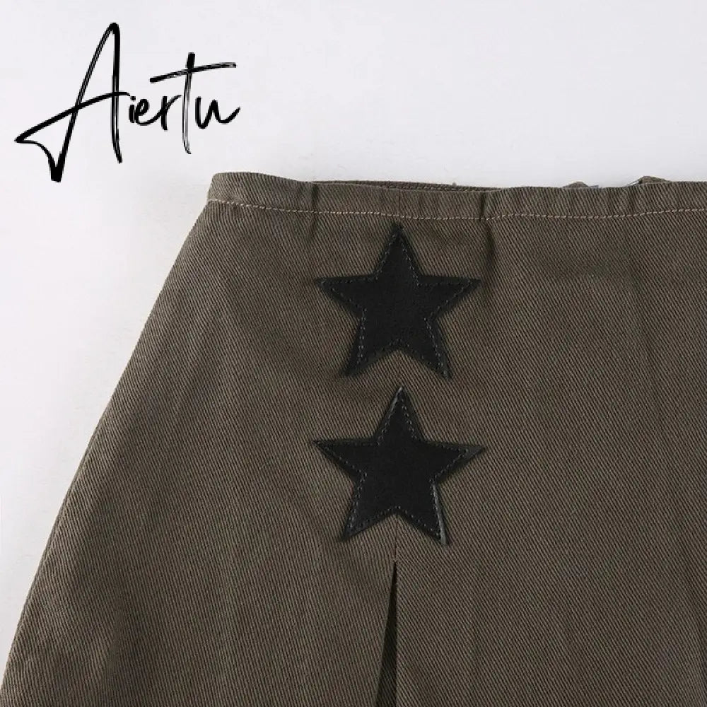 Aiertu Women Y2K Grunge Denim Skirt with Star Pattern Patchwork Summer Zipper High Waist Pleated A-line Mini Skirts Fashion Clothes Aiertu