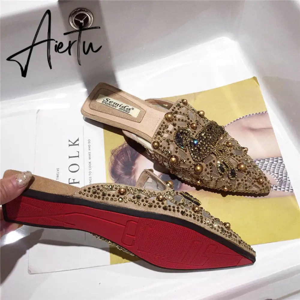 Aiertu  Women's Flat Pointed Toe Closed Slip-on Slippers Rivet Summer Slip-on Loafer Women Mules Backless Low Heel Ladies Shoes Designer Aiertu