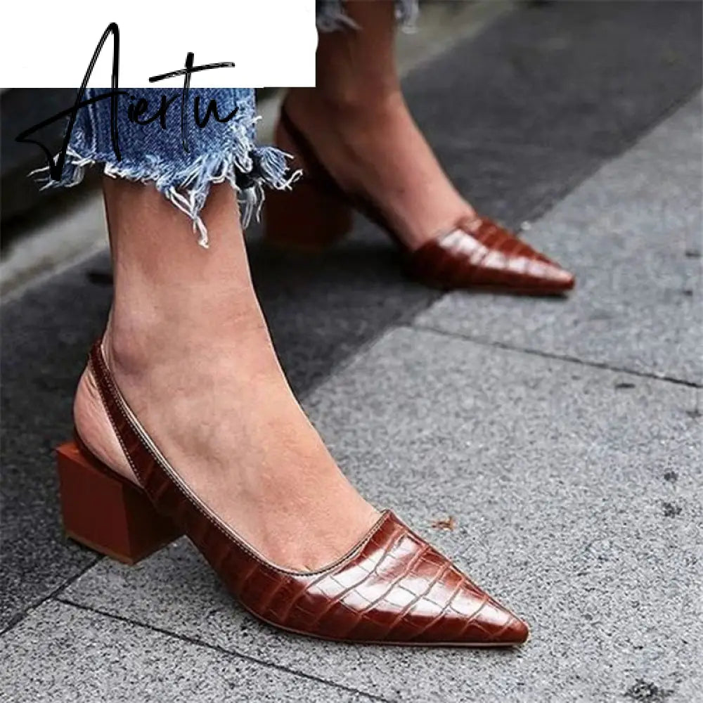 Aiertu Women's Pointed Toes Pumps Mid Chunky Heels Slingback Sandals Shoes Summer New Vintage Woman Lady Female Sandals Slippers Shoes Aiertu