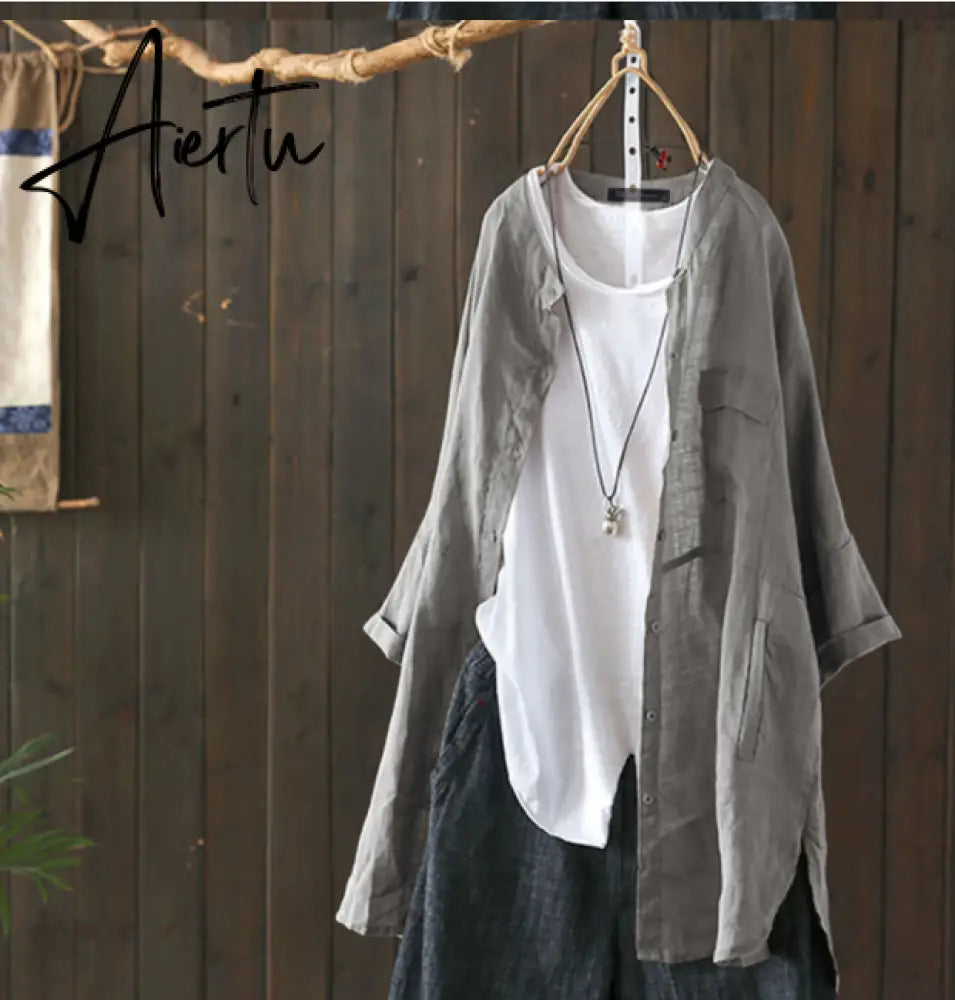 Aiertu Womens Shirts Vintage Cotton Tunic Casual Long Sleeve Shirt Button Cardigans Female Soid Patchwork Tops Aiertu