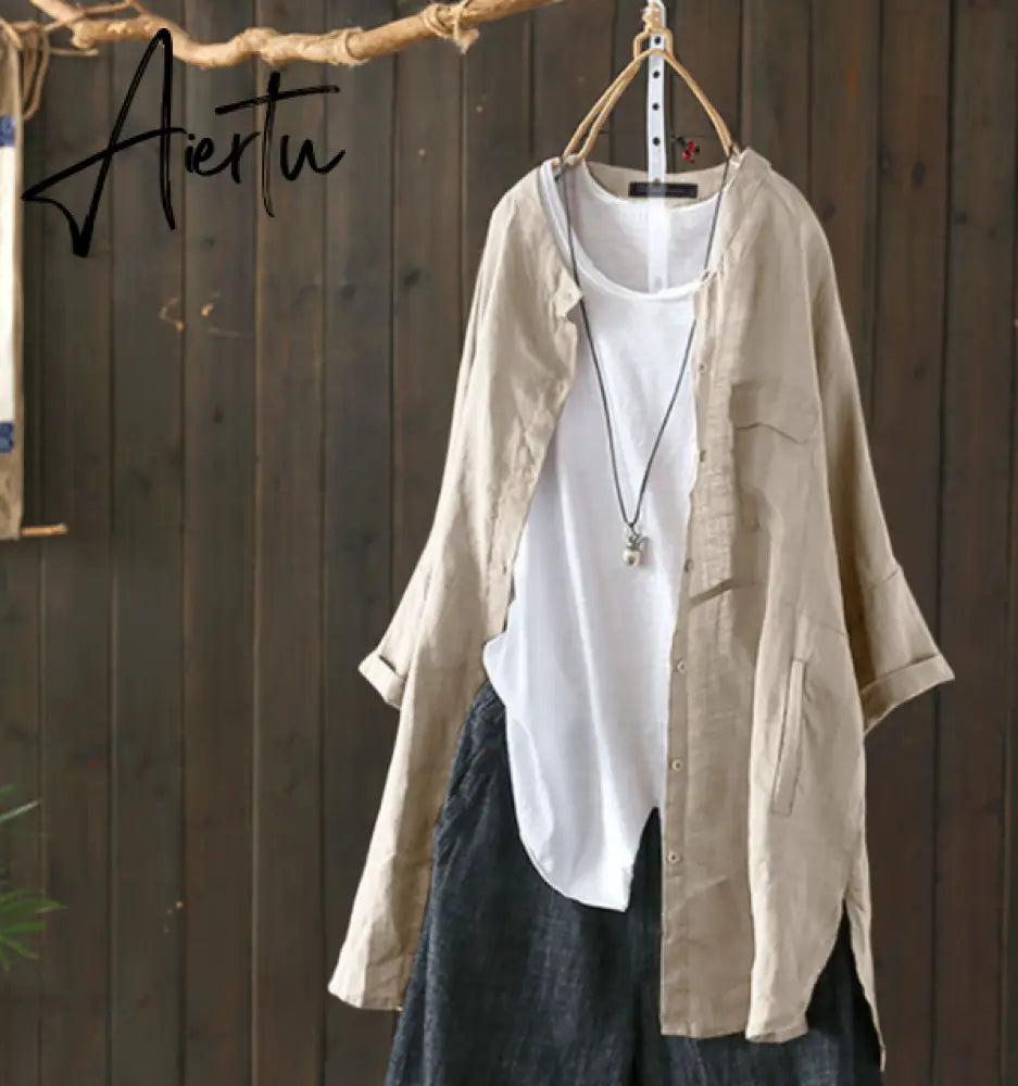 Aiertu Womens Shirts Vintage Cotton Tunic Casual Long Sleeve Shirt Button Cardigans Female Soid Patchwork Tops Aiertu