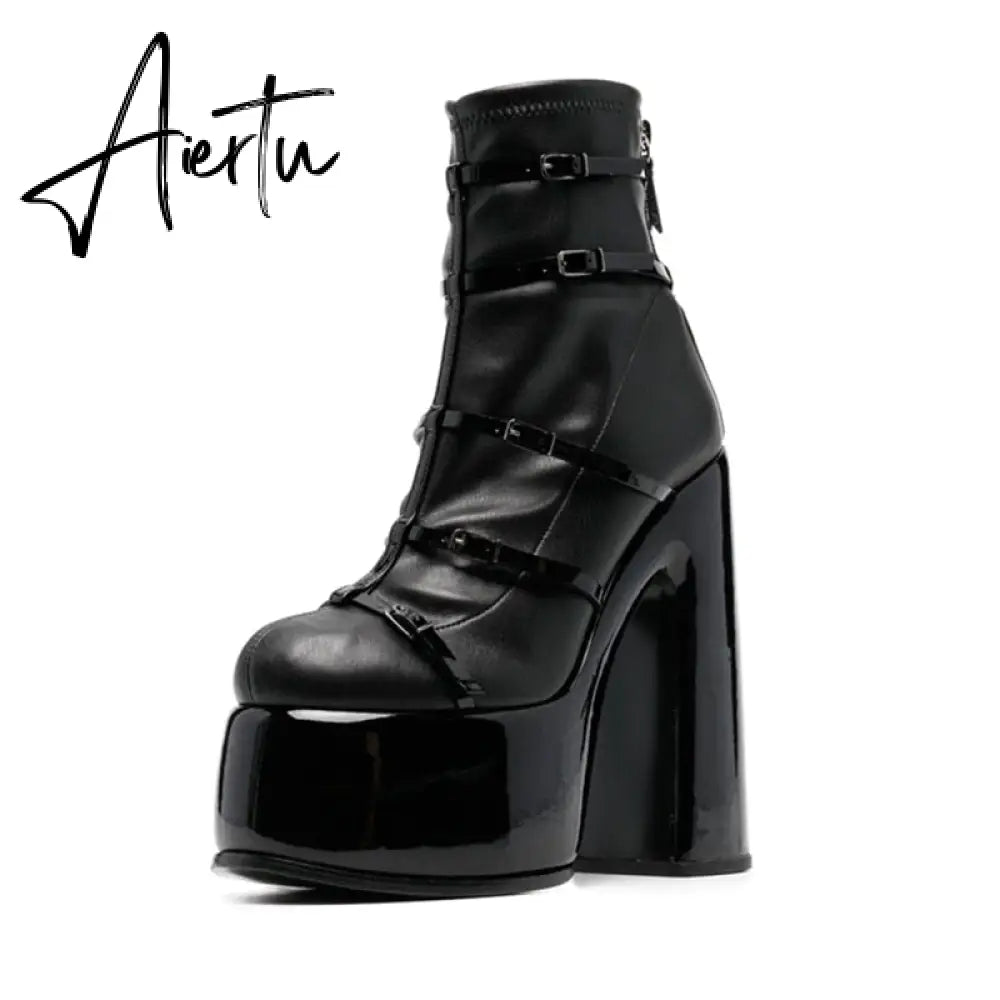 Aiertu Women's Shoes New Fashion Autumn Winter Chunky High Heel Black Wine Red Buckle Dress Party Female Ankle Boots 35-43 Aiertu