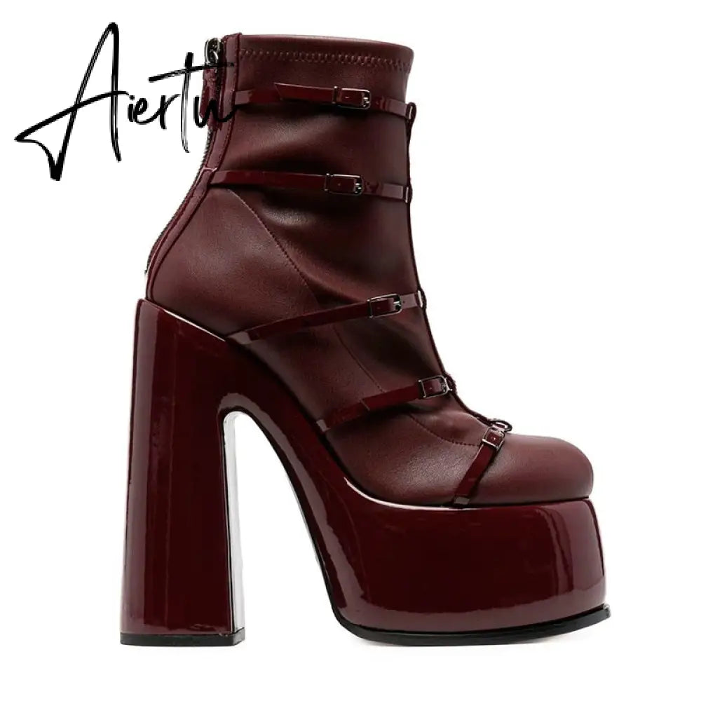 Aiertu Women's Shoes New Fashion Autumn Winter Chunky High Heel Black Wine Red Buckle Dress Party Female Ankle Boots 35-43 Aiertu